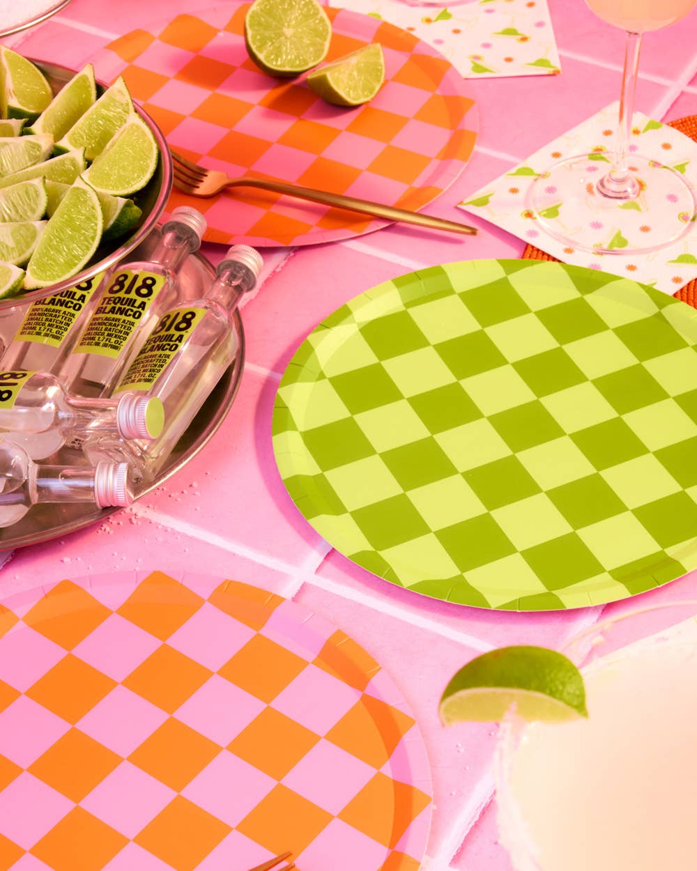 Pink + Green Checkered Paper Plates | 24 pcs, Retro Party