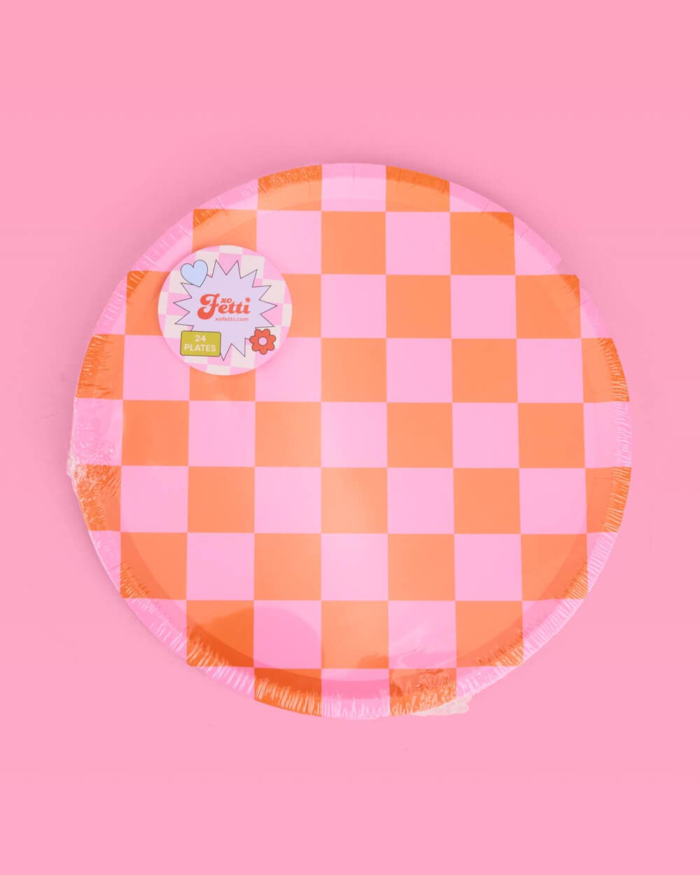 Pink + Green Checkered Paper Plates | 24 pcs, Retro Party