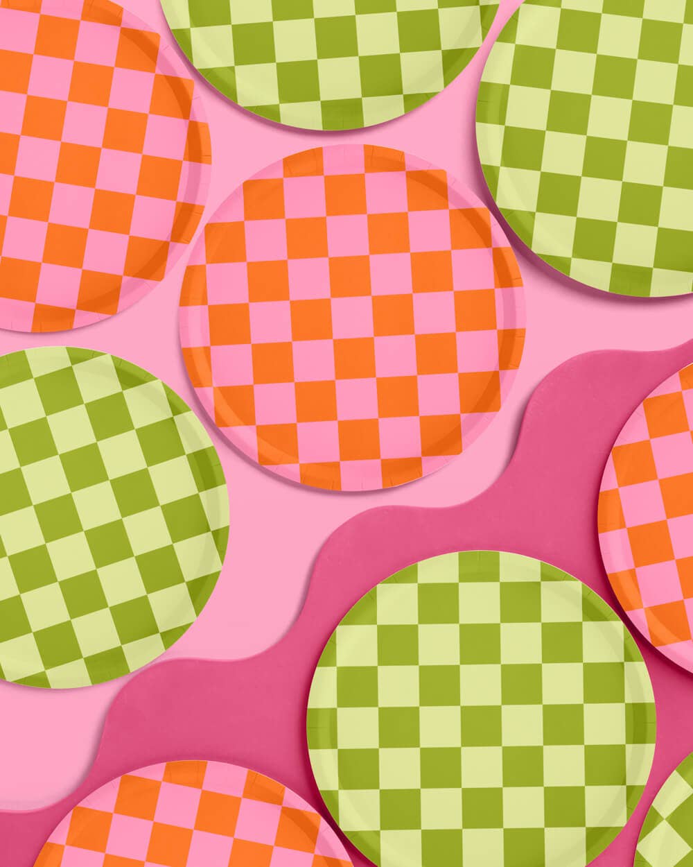 Pink + Green Checkered Paper Plates | 24 pcs, Retro Party