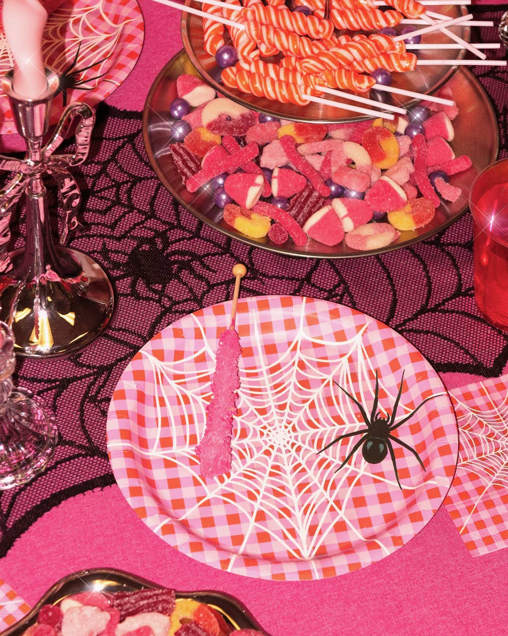Pink Halloween Plates | spider, gingham, party, 25 pc