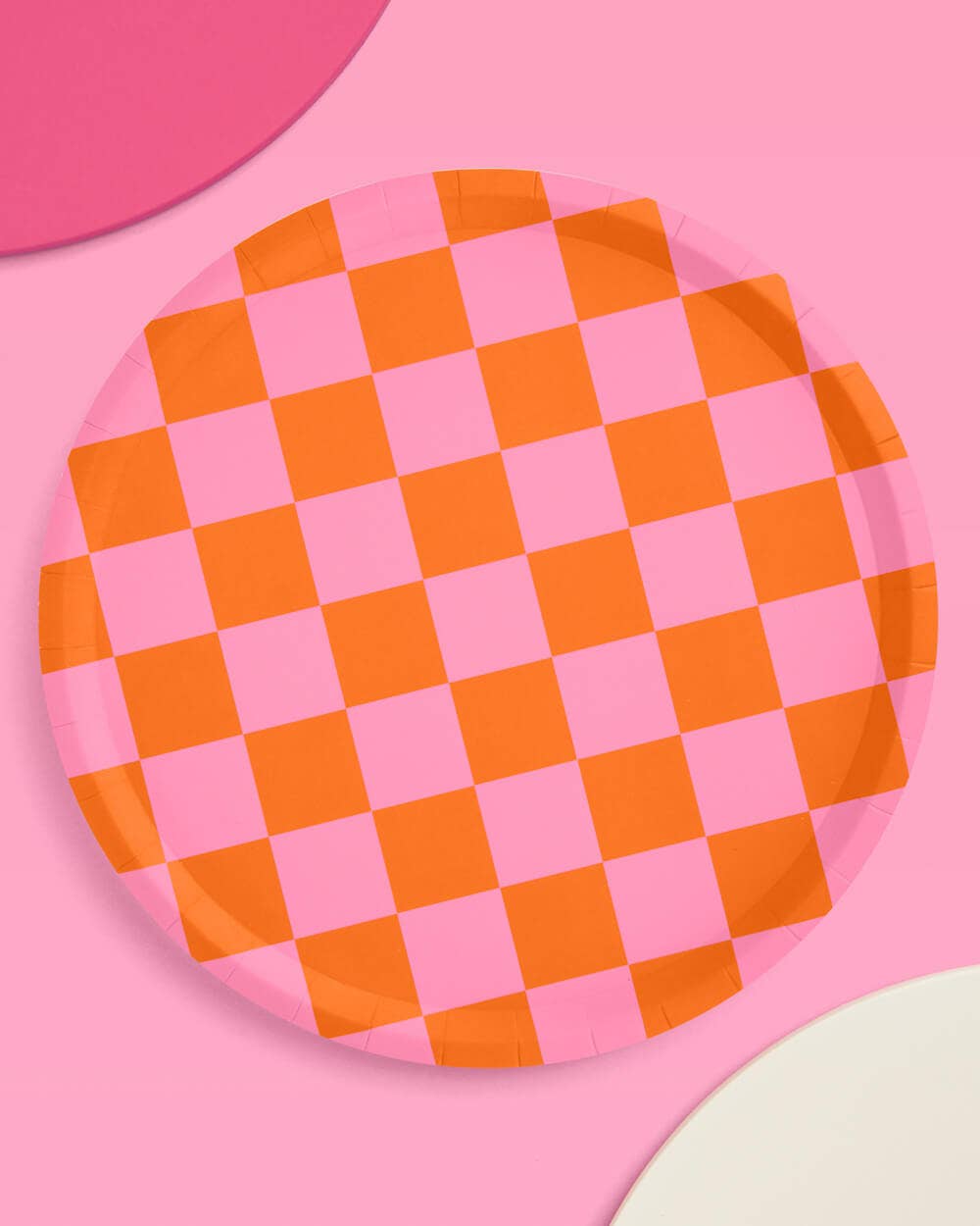 Pink + Green Checkered Paper Plates | 24 pcs, Retro Party
