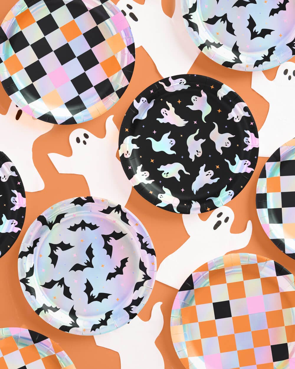 Halloween Plates - 12 paper plates, checkered, bats, ghosts