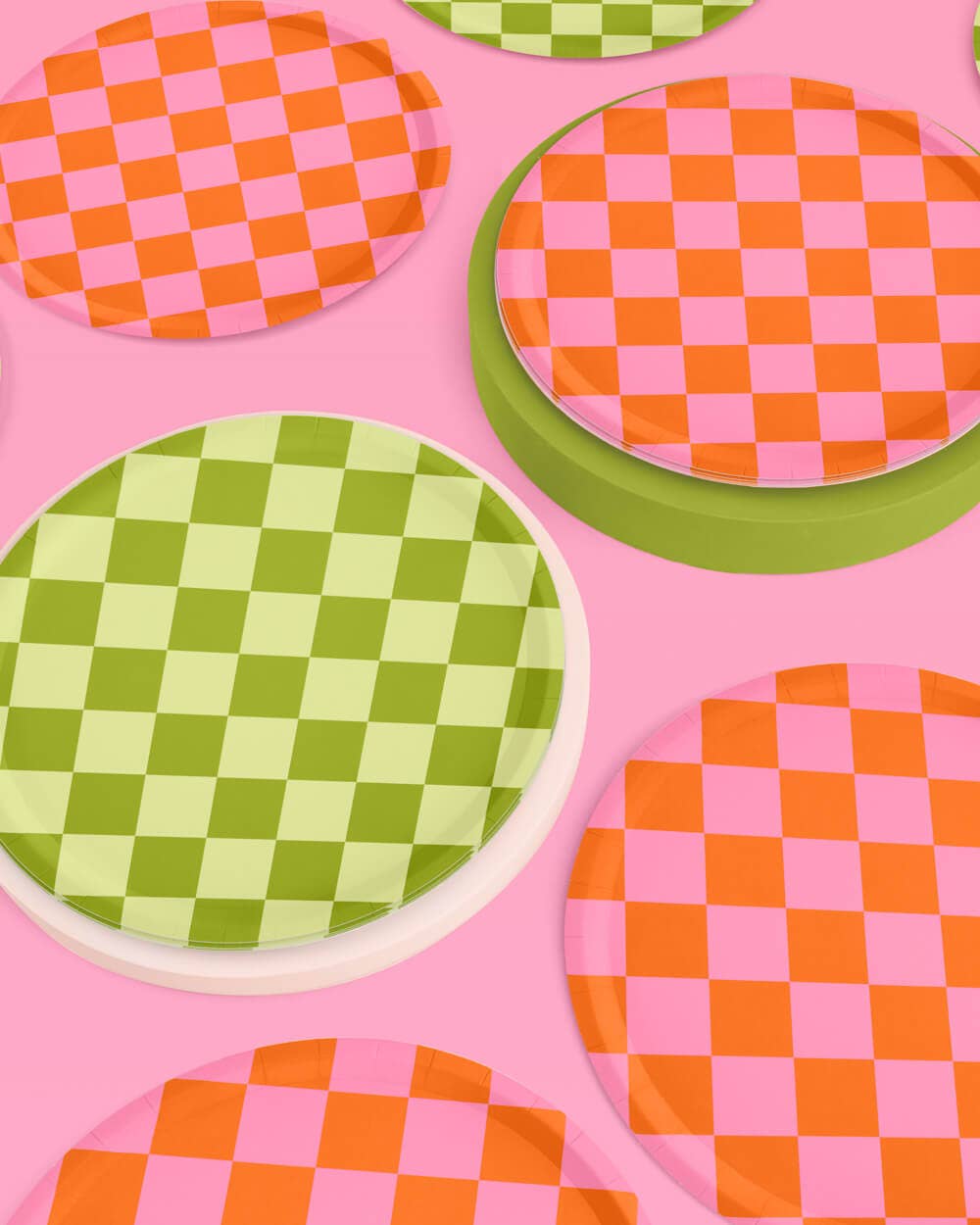 Pink + Green Checkered Paper Plates | 24 pcs, Retro Party