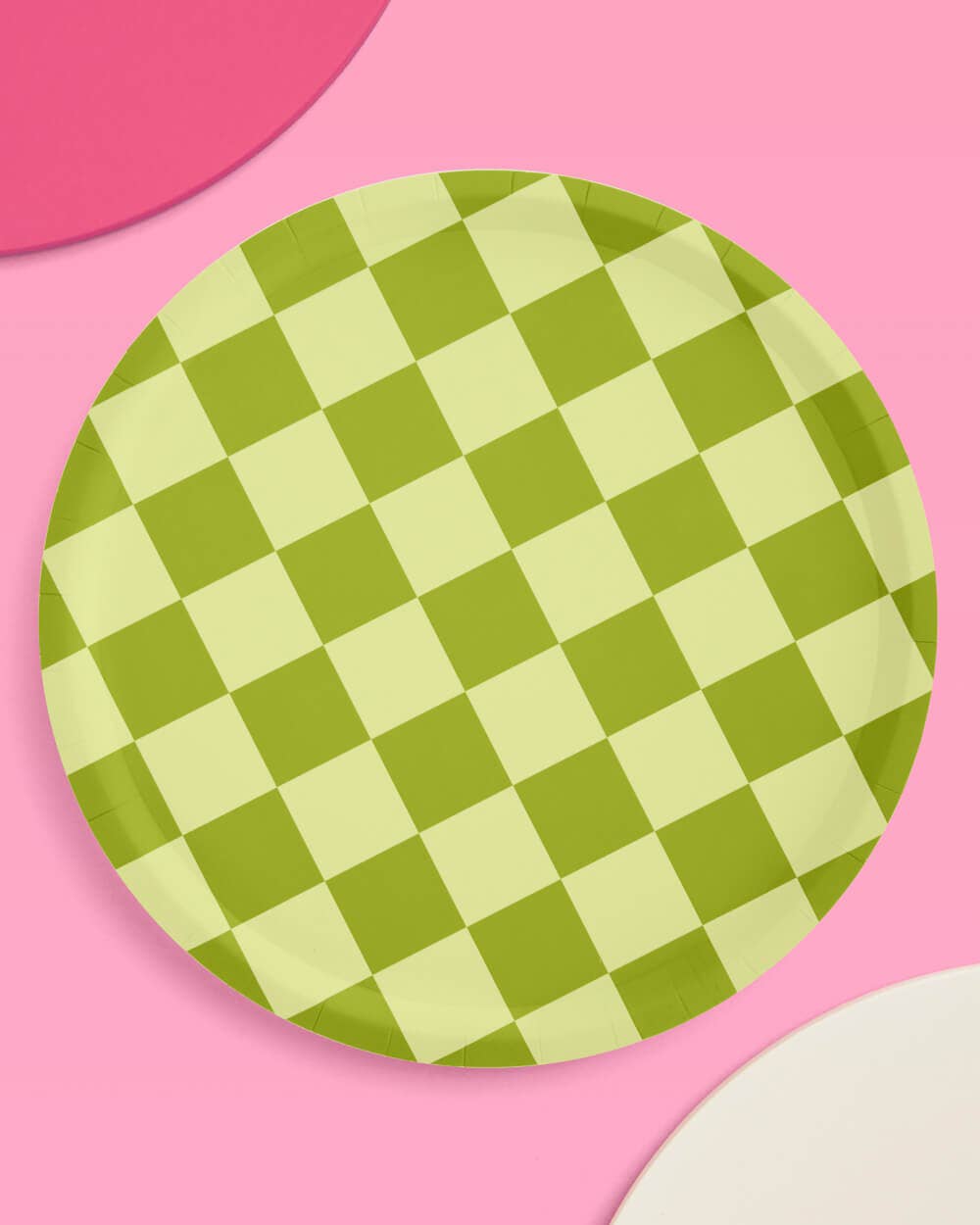 Pink + Green Checkered Paper Plates | 24 pcs, Retro Party