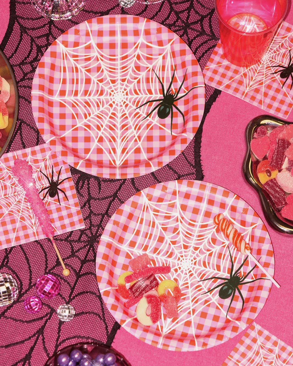 Pink Halloween Plates | spider, gingham, party, 25 pc
