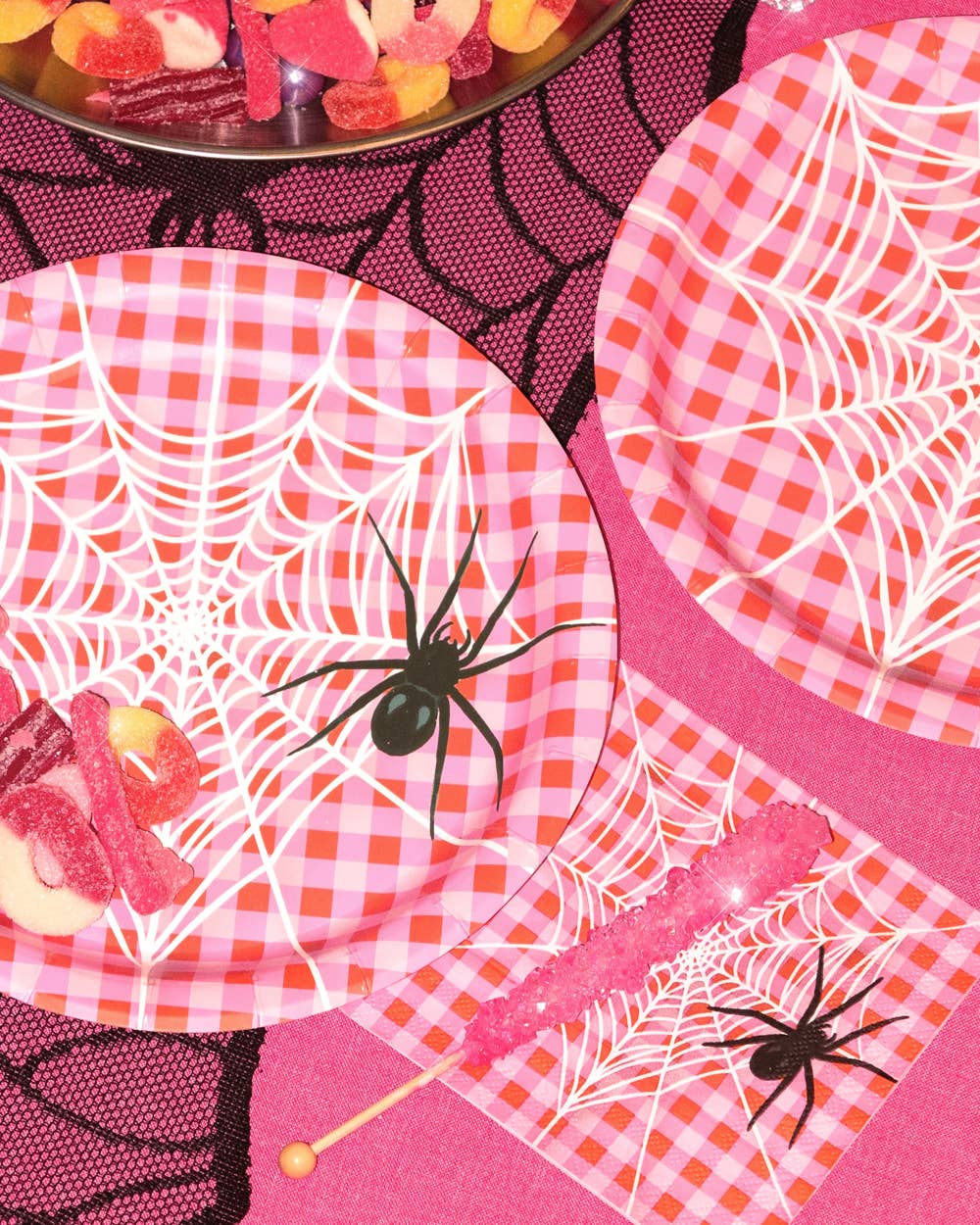 Pink Halloween Plates | spider, gingham, party, 25 pc