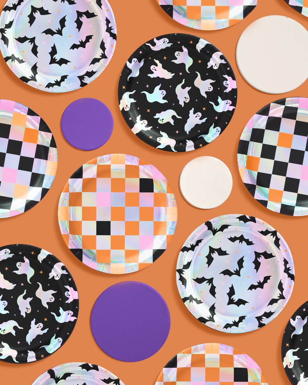 Halloween Plates - 12 paper plates, checkered, bats, ghosts