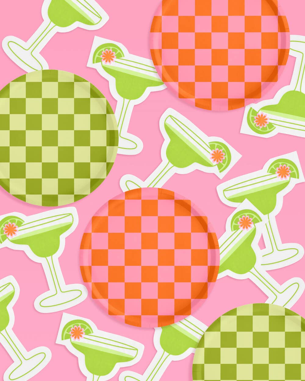 Pink + Green Checkered Paper Plates | 24 pcs, Retro Party