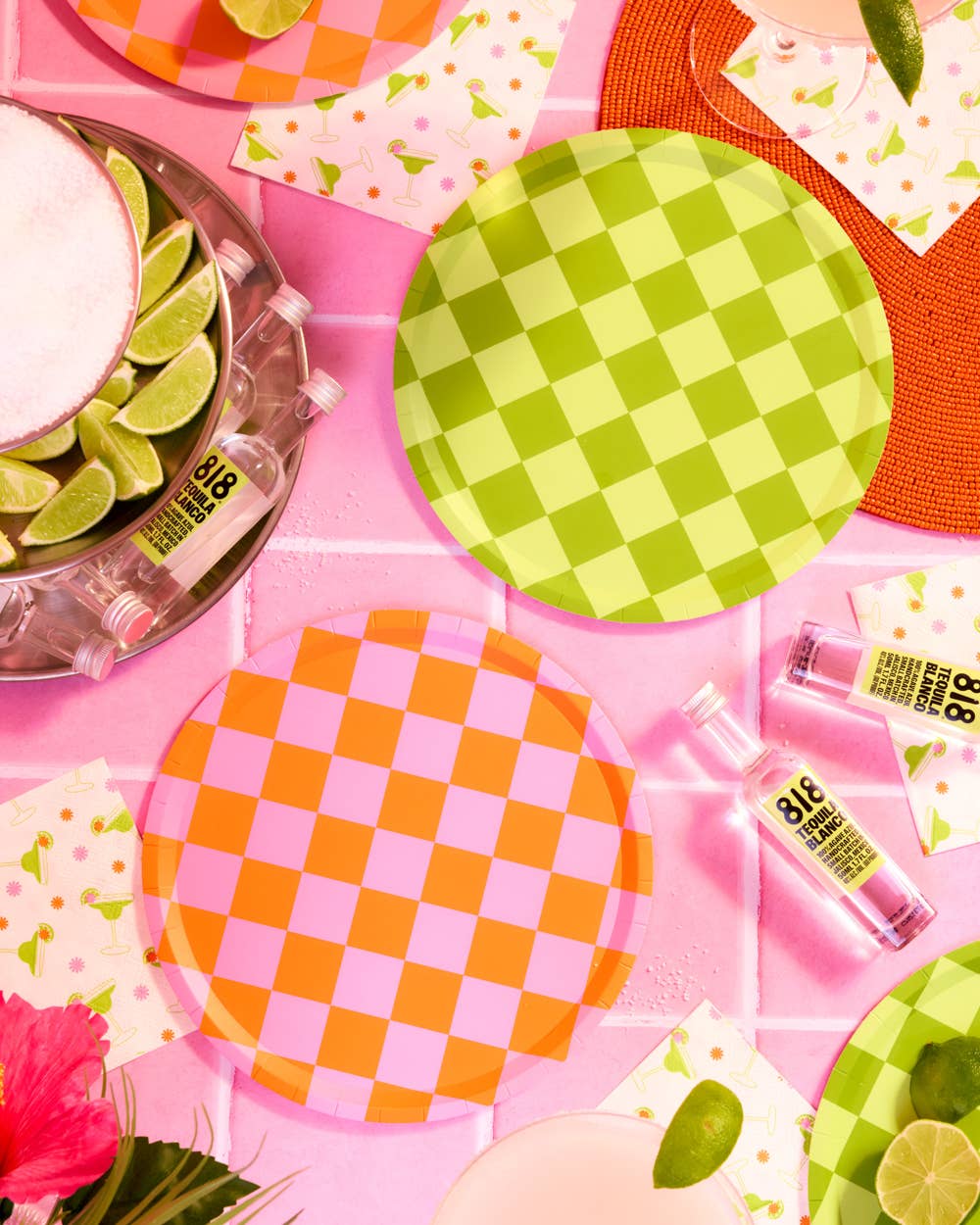 Pink + Green Checkered Paper Plates | 24 pcs, Retro Party