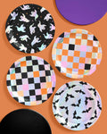 Halloween Plates - 12 paper plates, checkered, bats, ghosts