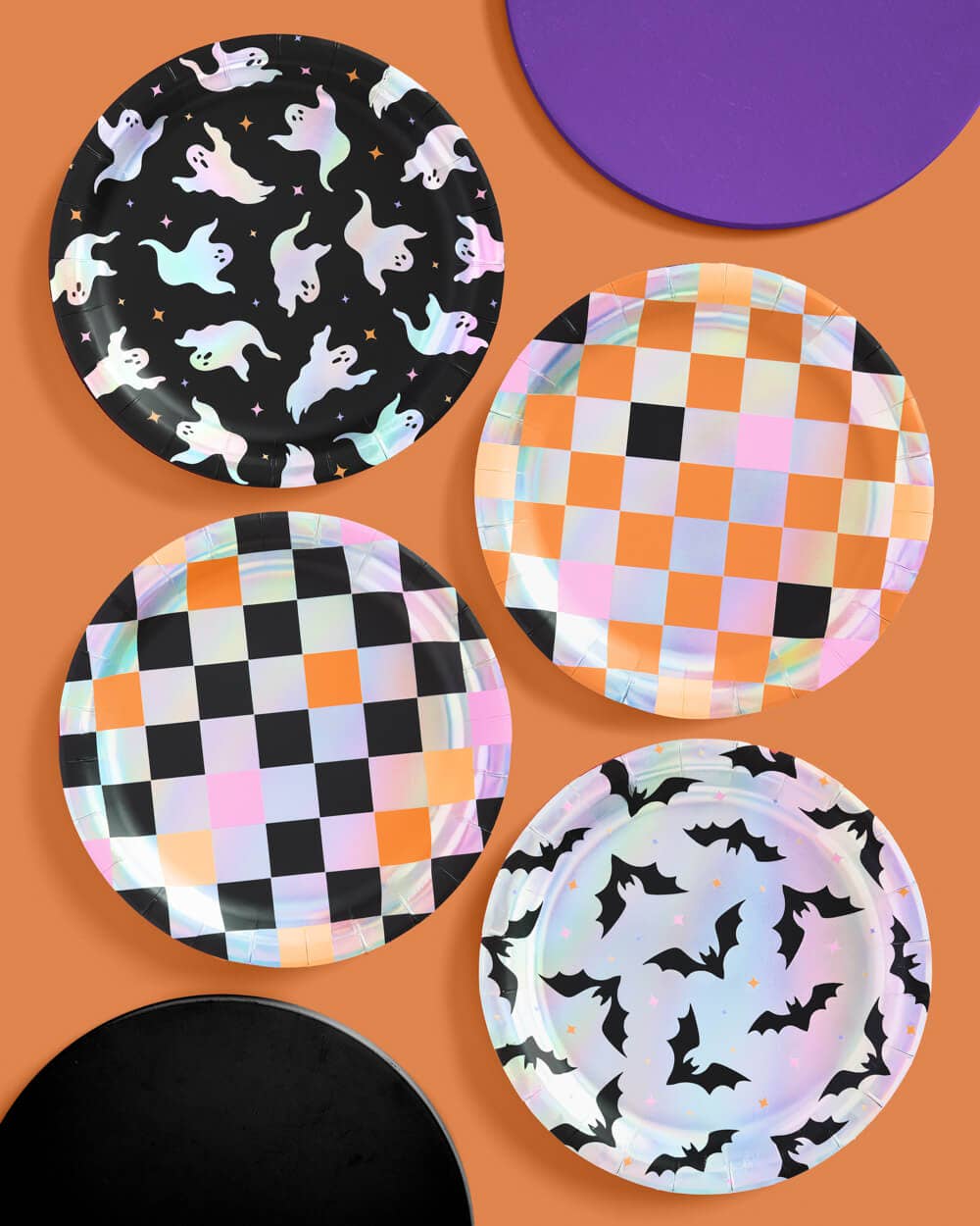 Halloween Plates - 12 paper plates, checkered, bats, ghosts