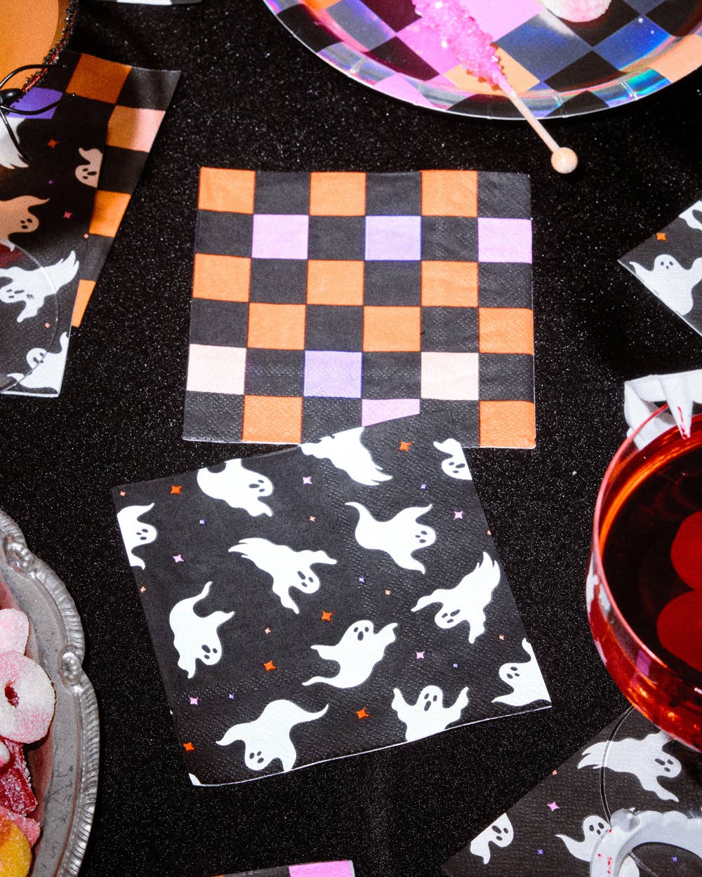 Halloween Napkins - 50 paper napkins, ghosts, checker, pink