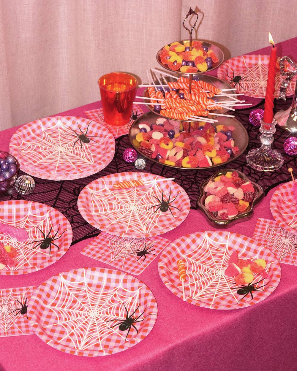 Pink Halloween Plates | spider, gingham, party, 25 pc