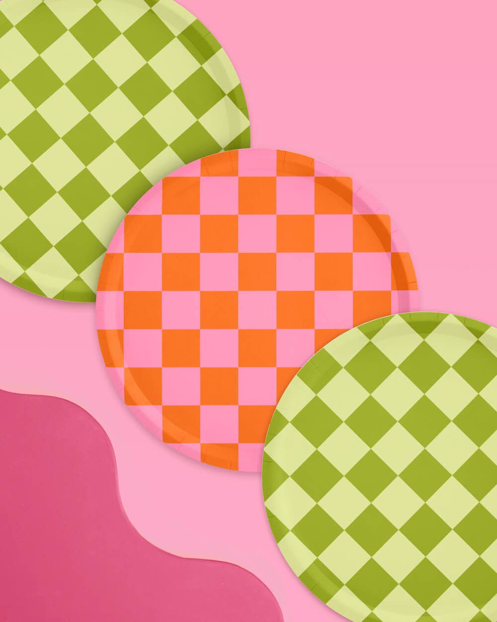 Pink + Green Checkered Paper Plates | 24 pcs, Retro Party