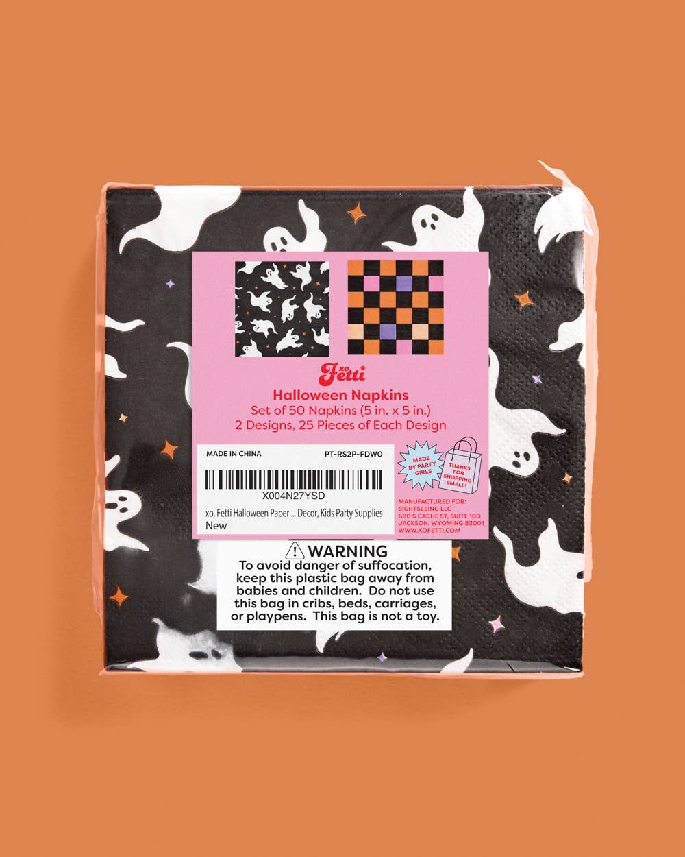 Halloween Napkins - 50 paper napkins, ghosts, checker, pink